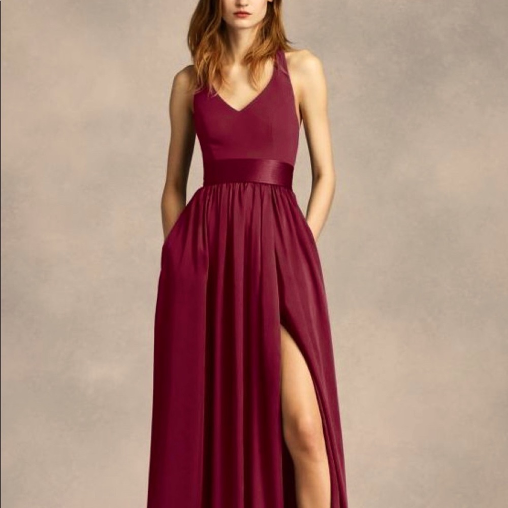 Vera Wang V Neck Halter Gown with Slit